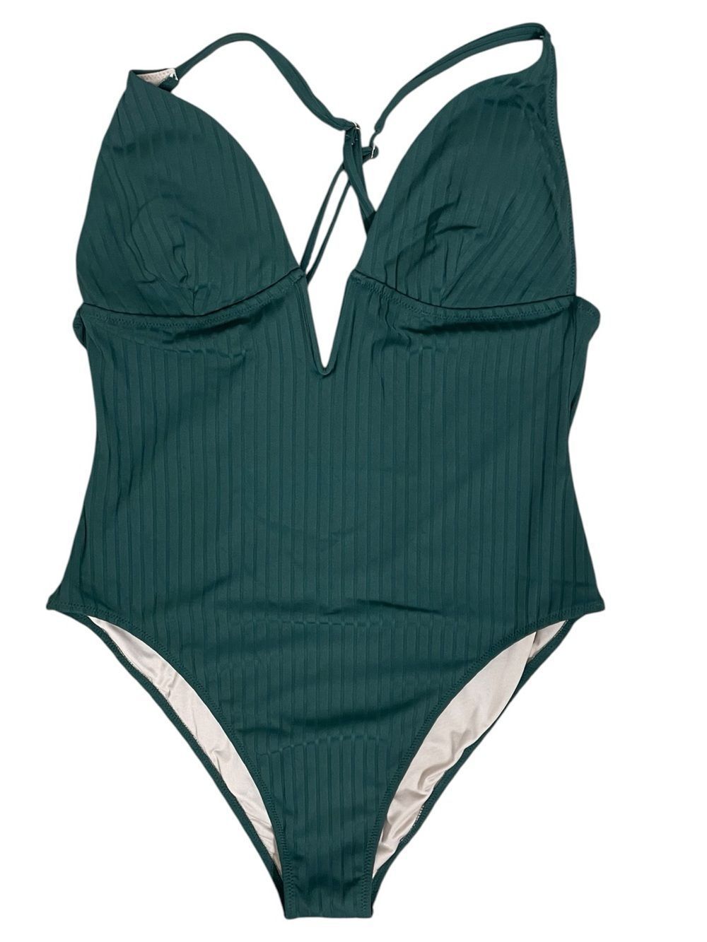 Shade & Shore Green Ribbed One Piece Swimsuit XL Plunge Open Back